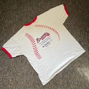 Vintage white ringer T-shirt MLB Atlanta Braves Baseball Stitch